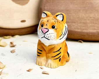 Handmade Wooden Tiger Desktop Decor Ornament, Hand-Carved Cat Bengal Striped Figurine Tiger Statue Gift, Handcrafted Wooden Animal Figurines