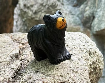 Wooden Black Bear for Desktop Decor Ornaments, Adorable Wooden Bear Figurine Bear Statue Gifts for Her, Handcrafted Wooden Animal Figurines