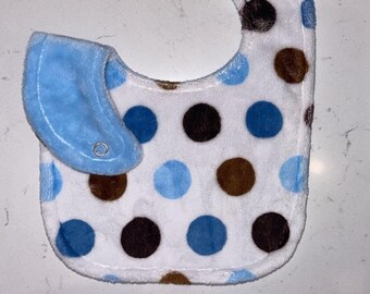 Minky Reversible Bib in Blue and Brown Dot Minky with Blue Minky -  Small