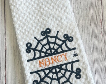 Halloween Kitchen Towel - Personalized Spider Web- Embroidered