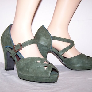 30s 40s vintage repro Hollywood glam green suede leather cutout peeptoe high heel shoes sz 8 NIB
