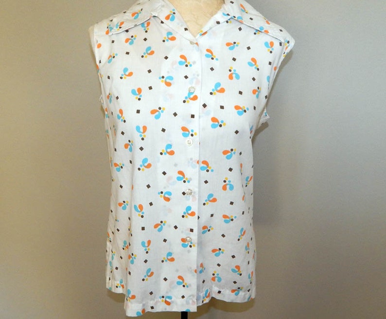 Vintage 60s atomic amoeba abstract print aqua orange sleeveless blouse shirt L