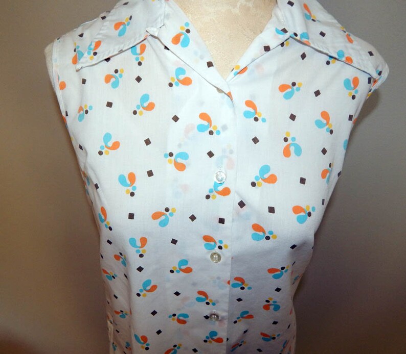 Vintage 60s atomic amoeba abstract print aqua orange sleeveless blouse shirt L