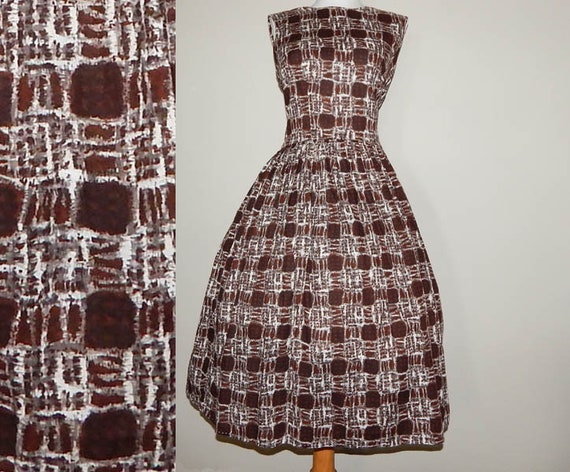 Vintage 50s brown grey white abstract plaid print