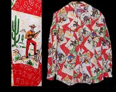 Vintage 80s does 50s cowboy theme novelty print shirt