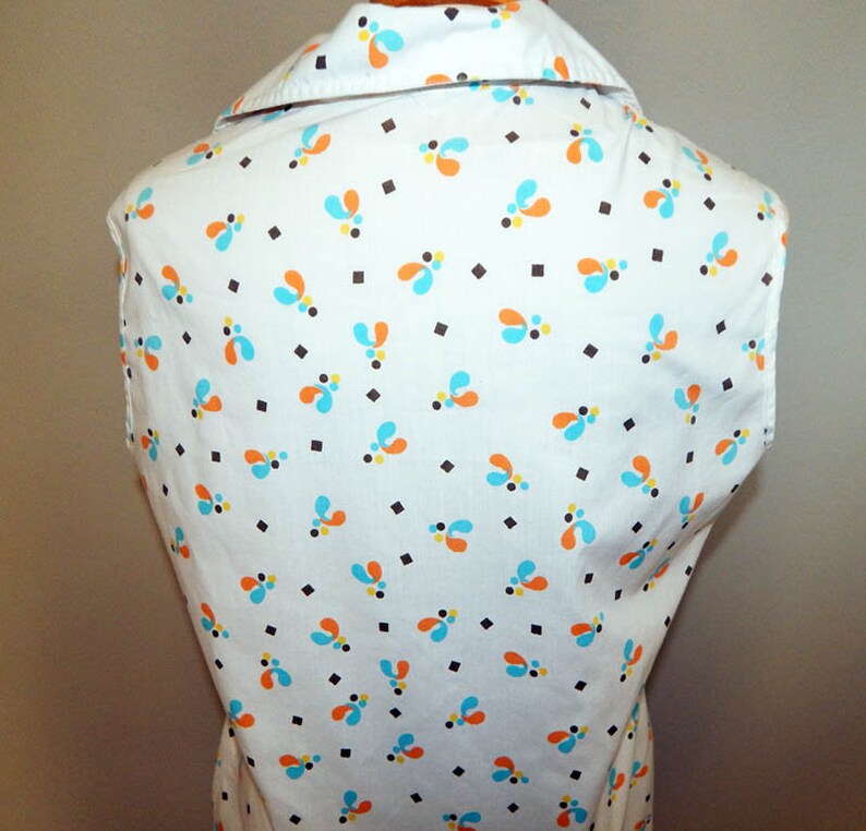 Vintage 60s atomic amoeba abstract print aqua orange sleeveless blouse shirt L