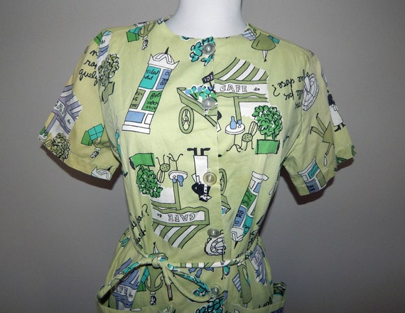 Vintage 50s 60s cotton Paris French cafe novelty p