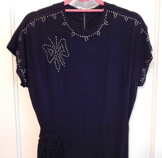 Vintage 40s black rayon crepe silver metal studded