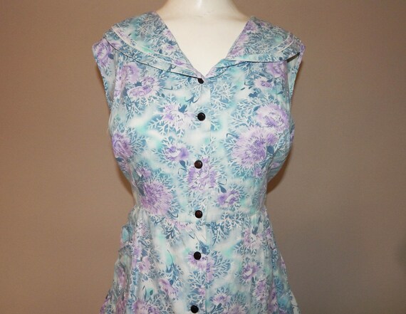 Vintage 50s aqua blue purple print cotton day dres