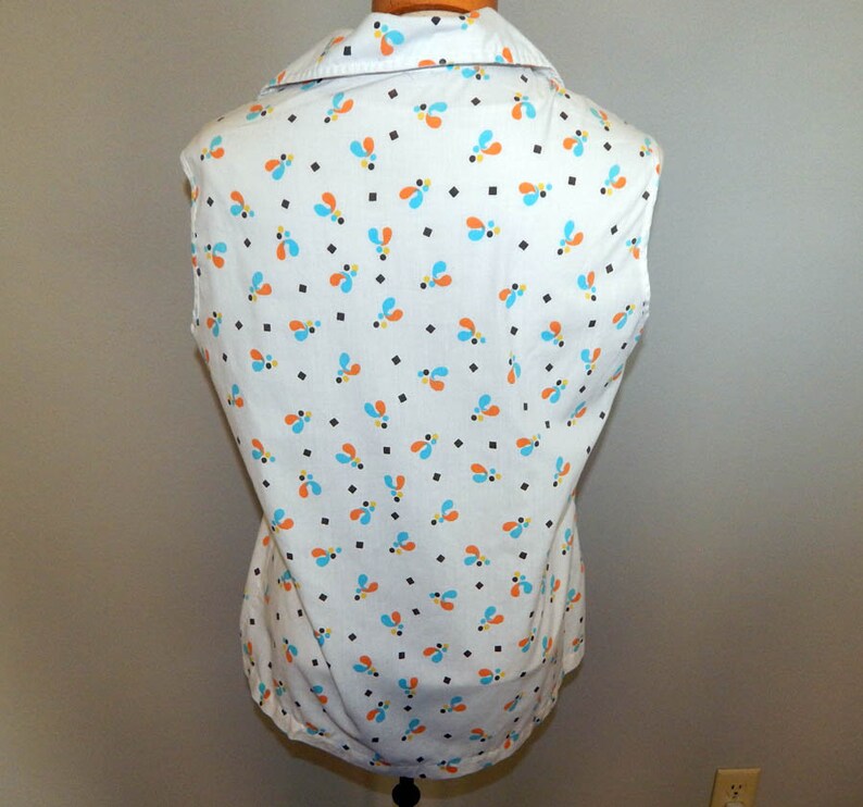 Vintage 60s atomic amoeba abstract print aqua orange sleeveless blouse shirt L