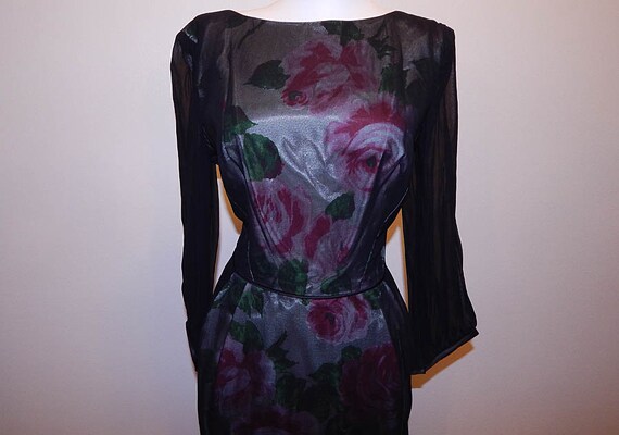 Vintage 50s pink roses black illusion chiffon cock
