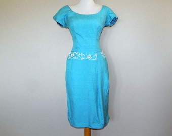 Vintage 50s aqua blue beaded Italian silk cocktail dress M