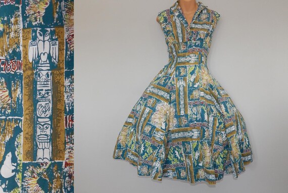 Vintage 50s tiki novelty print cotton full skirt d