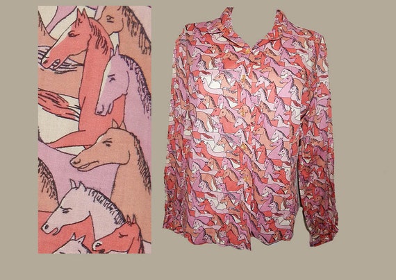 Vintage 50s novelty print horses cotton shirt top