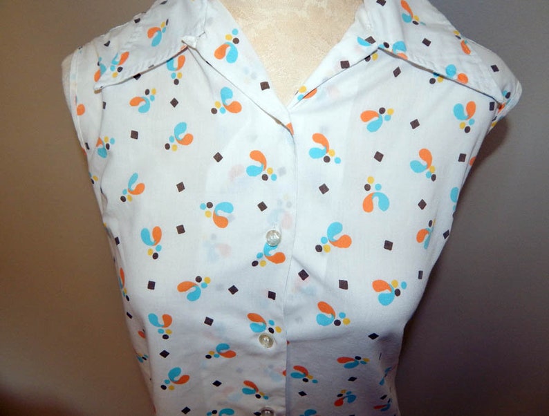 Vintage 60s atomic amoeba abstract print aqua orange sleeveless blouse shirt L