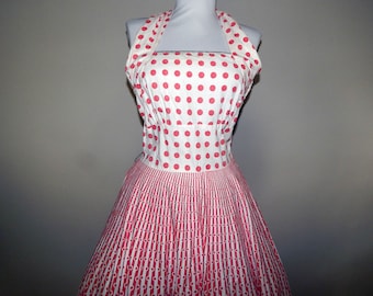 Vintage 50s pink white polka dot pinup full circle skirt cotton halter dress