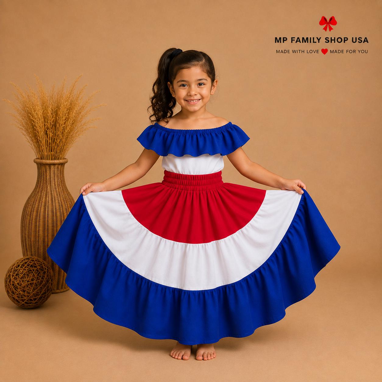 Costa Rica Dress for Girls, Costa Rican Flag Dress, Costa Rica Outfit, Hispanic Heritage Dress, Folklore Dress, Cultural Dress, Twirl Dress