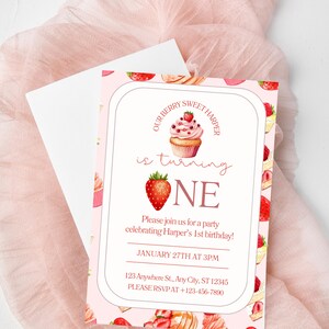 EDITABLE Pink Berry First Birthday Invitation, Berry First Birthday Digital Invitation Birthday, Strawberry First Birthday Invite