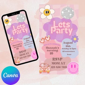 Smiley Face Birthday invite Editable Groovy Retro birthday, Teen Party, Tween Birthday, Any Age Disco Girl Birthday Emoji, Animated Evite.