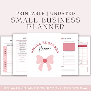 Op de afbeelding: Printbare kleine ondernemingsplanner met een roze strikdesign. De planner bevat secties voor bedrijfsbeschrijving, licenties en vergunningen, bankzaken en een maandelijkse budgettracker.