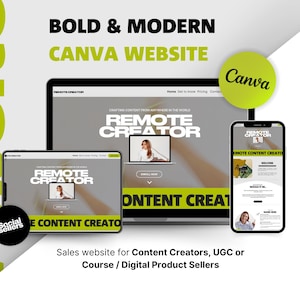Op de afbeelding: Een mockup van een website die is ontworpen met Canva. De website is voor een remote content creator en heeft een gedurfd, modern ontwerp met een groen-zwart kleurenschema. De website bevat een call-to-action om je nu in te schrijven. De tekst op de website luidt "Remote Creator - Craft the content from anywhere in the world - Remote Content Creator".