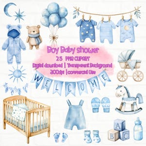 Bundle de cliparts garçon baby shower aquarelle PNG décoration chambre d'enfant bleu nouveau-né Clipart mignon chambre d'enfant bohème jouets anniversaire Baby Shower Invitation