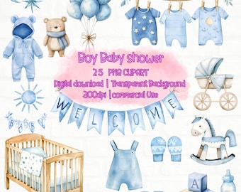 Boy Baby Shower Clipart Bundle Watercolor PNG Nursery Decor Blue Newborn Clipart Cute Boho Nursery Toys Birthday Baby Shower Invitation