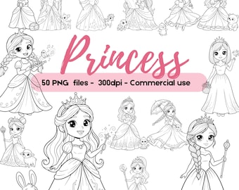 Prinsessa Line Art Clipart-paket | Prinsessmålarbilder | Kawaii flicka PNG