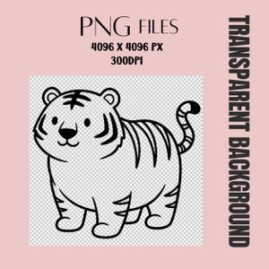 May include: A black and white cartoon tiger illustration with a transparent background. The image includes the text "PNG FILES", "4096 X 4096 PX", and "300DPI". The words "TRANSPARENT BACKGROUND" are printed vertically on the right side.