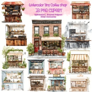 水彩画の小さなコーヒーショップ PNG クリップアート バンドル | 23 のコーヒーショップのイラスト | カフェ クリップアート | コーヒーショップの装飾 | 水彩画のカフェ PNG