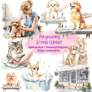 Pacchetto di clipart di toelettatura per animali domestici ad acquerello, toelettatore per animali domestici, spa per gatti, spa per cani, PNG di forniture per animali domestici, negozio di animali, clipart di negozio di toelettatura per animali domestici, toelettatura per cani