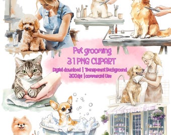 Watercolor Pet Grooming Clipart bundle, Pet Groomer, Cat Spa Dog Spa, Pet Supplies PNG, Pet shop, Pet grooming shop clipart, Dog grooming