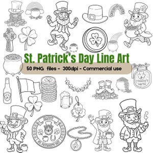 May include: A collection of black and white line art illustrations featuring St. Patrick's Day themes. The image includes leprechauns, shamrocks, pots of gold, and a pub sign. Text reads "St. Patrick's Day Line Art" and "50 PNG files - 300dpi - Commercial use."