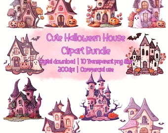 Op de afbeelding: Een digitaal clipart-pakket met tien illustraties van Halloween-huizen in roze en paarse tinten, versierd met pompoenen, geesten, uilen en vleermuizen. De tekst luidt Cute Halloween House Clipart Bundle, Digital download, 10 Transparent png files, 300dpi, Commercial use.