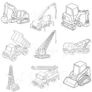 May include: Line art illustration of various construction vehicles, including an excavator, cement truck, dump truck, crane, and more. Each vehicle is depicted in a detailed, black and white style, showcasing their unique features and designs. Perfect for construction-themed projects.