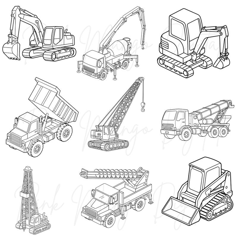 May include: Line art illustration of various construction vehicles, including an excavator, cement truck, dump truck, crane, and more. Each vehicle is depicted in a detailed, black and white style, showcasing their unique features and designs. Perfect for construction-themed projects.