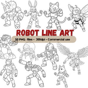 Pode incluir: Ilustrações em preto e branco de robôs, incluindo um tricerátopo, um coelho, um gato e uma abelha. A imagem também inclui o texto "ROBOT LINE ART" e informações sobre o formato do arquivo e uso comercial.