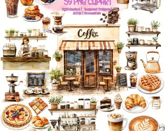 Watercolor Coffee Shop Clipart: Café PNG Bundle (59 Files)