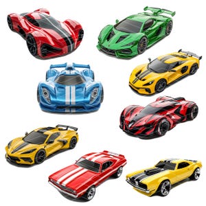May include: A collection of eight toy cars in various colors, including red, green, blue, yellow, and black. The cars are all different styles, including sports cars, muscle cars, and race cars.