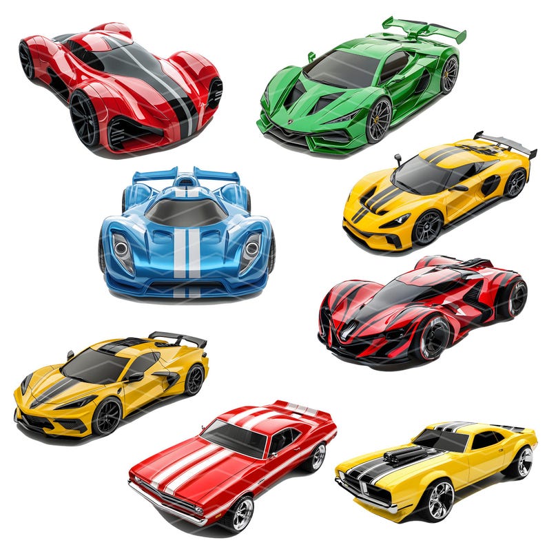 May include: A collection of eight toy cars in various colors, including red, green, blue, yellow, and black. The cars are all different styles, including sports cars, muscle cars, and race cars.
