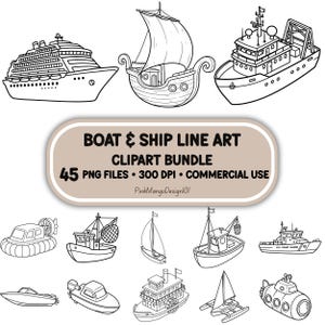 Bundel met bootclipart, 45 PNG-afbeeldingen van schepen, cruiseschepen, onderzeeërs, zeilboten en maritieme transportkleurplaten.