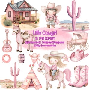 Pacchetto di clipart PNG di Little Cowgirl ad acquerello, decorazione per baby shower nel selvaggio West, carina clipart western, baby shower cowgirl png, baby cowgirl png