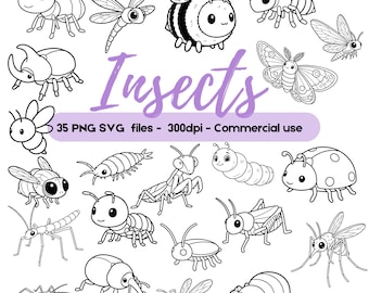 Imágenes prediseñadas de insectos de arte lineal / Garabatos de insectos / Insectos de contorno simple / Elementos de página para colorear de insectos kawaii PNG