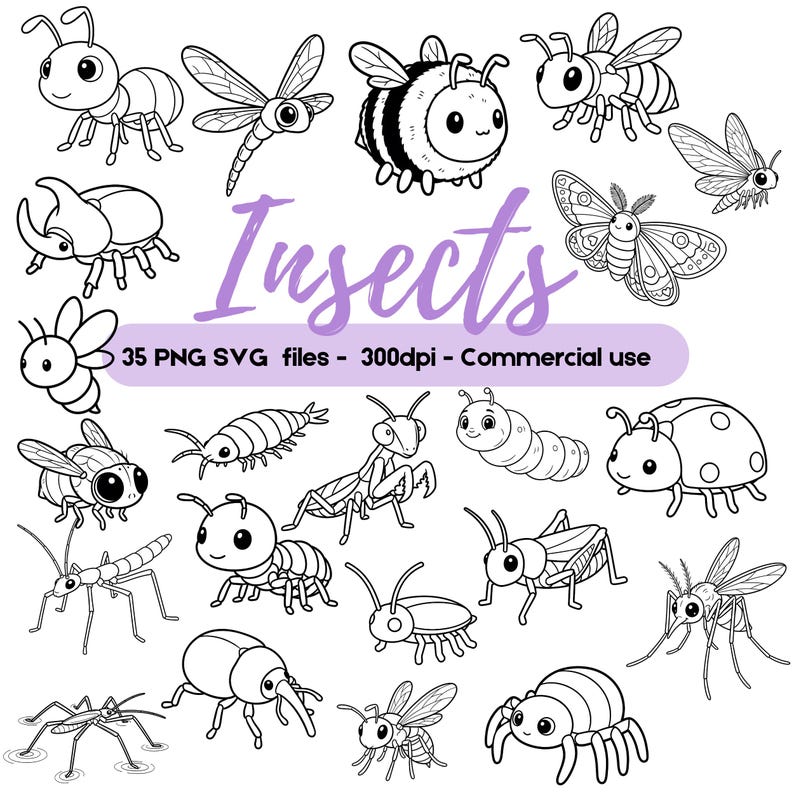 Insects Line Art Clipart | Bug Doodles | Simple Outline Insect | Kawaii ...