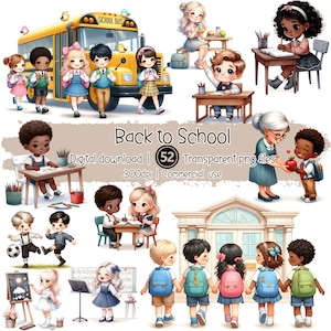 Back to School-clipartbundel | 20 png-schoolbus voor kinderen in de klas | Leuke leraar-leerlingillustraties | Commercieel gebruik