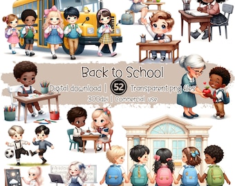 Pode incluir: Uma imagem digital para download com um ônibus escolar amarelo e crianças de desenho animado. A imagem inclui o texto "Back to School", "Digital download" e "52 Transparent png files". As crianças são retratadas com mochilas e material escolar.