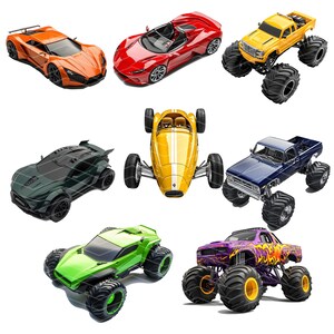 May include: A collection of toy cars in various colors and styles, including a yellow race car, a green monster truck, a blue pickup truck, a red sports car, a black sports car, an orange sports car, and a yellow pickup truck.