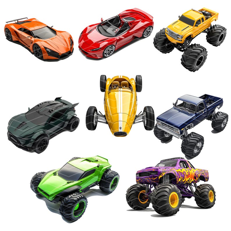 May include: A collection of toy cars in various colors and styles, including a yellow race car, a green monster truck, a blue pickup truck, a red sports car, a black sports car, an orange sports car, and a yellow pickup truck.