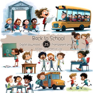 Puede incluir: Ilustración colorida con el texto "Back to School". La imagen presenta niños yendo a la escuela, un autobús escolar amarillo y estudiantes participando en actividades como pintura, ciencias y fútbol. Descarga digital.