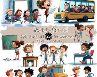 Pode incluir: Ilustração colorida com o texto "Back to School". A imagem apresenta crianças indo para a escola, um ônibus escolar amarelo e alunos envolvidos em atividades como pintura, ciências e futebol. Download digital.